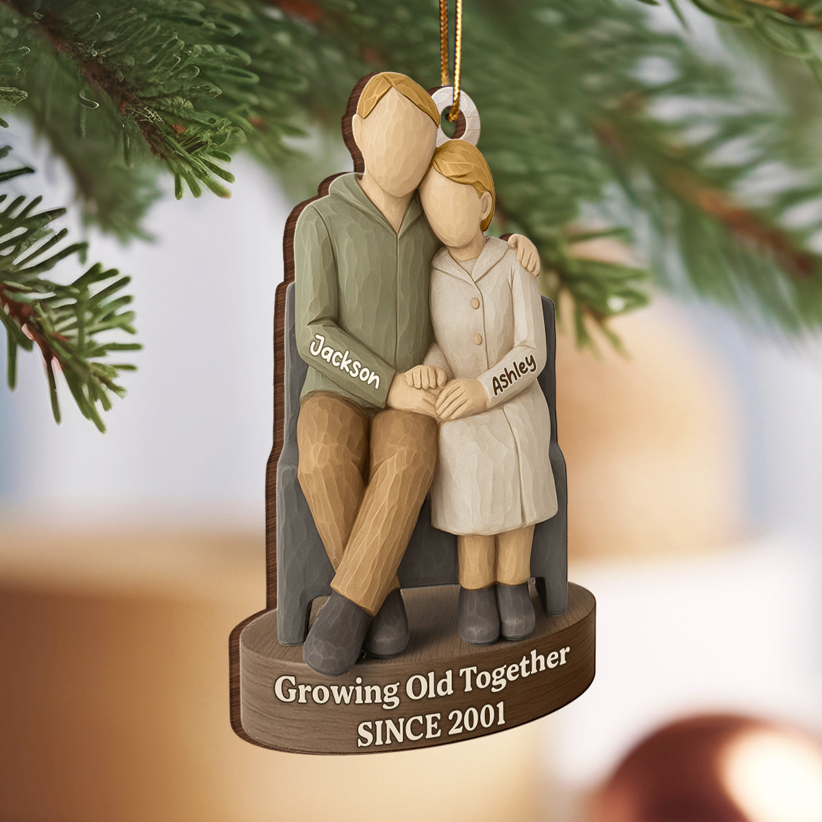 Couple Growing Old Together 3D Effect - Personalized Wooden Ornament - Christmas Gift for him, for her