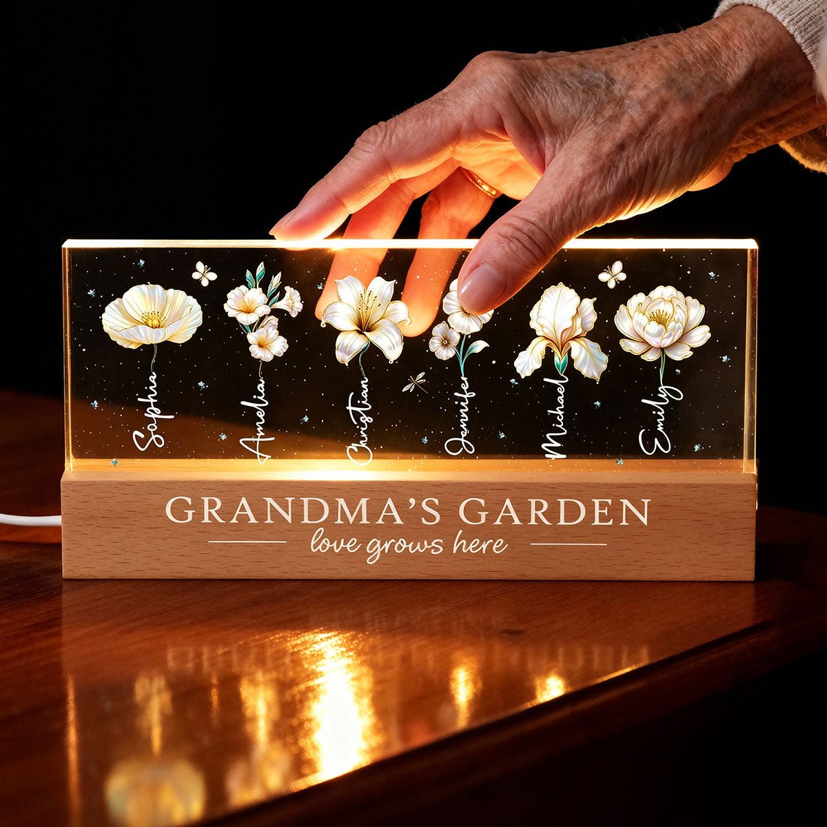 Grandma's Garden 3D Effect Birth Month Flowers - Personalized Acrylic Block LED Night Light - Gift For Grandma