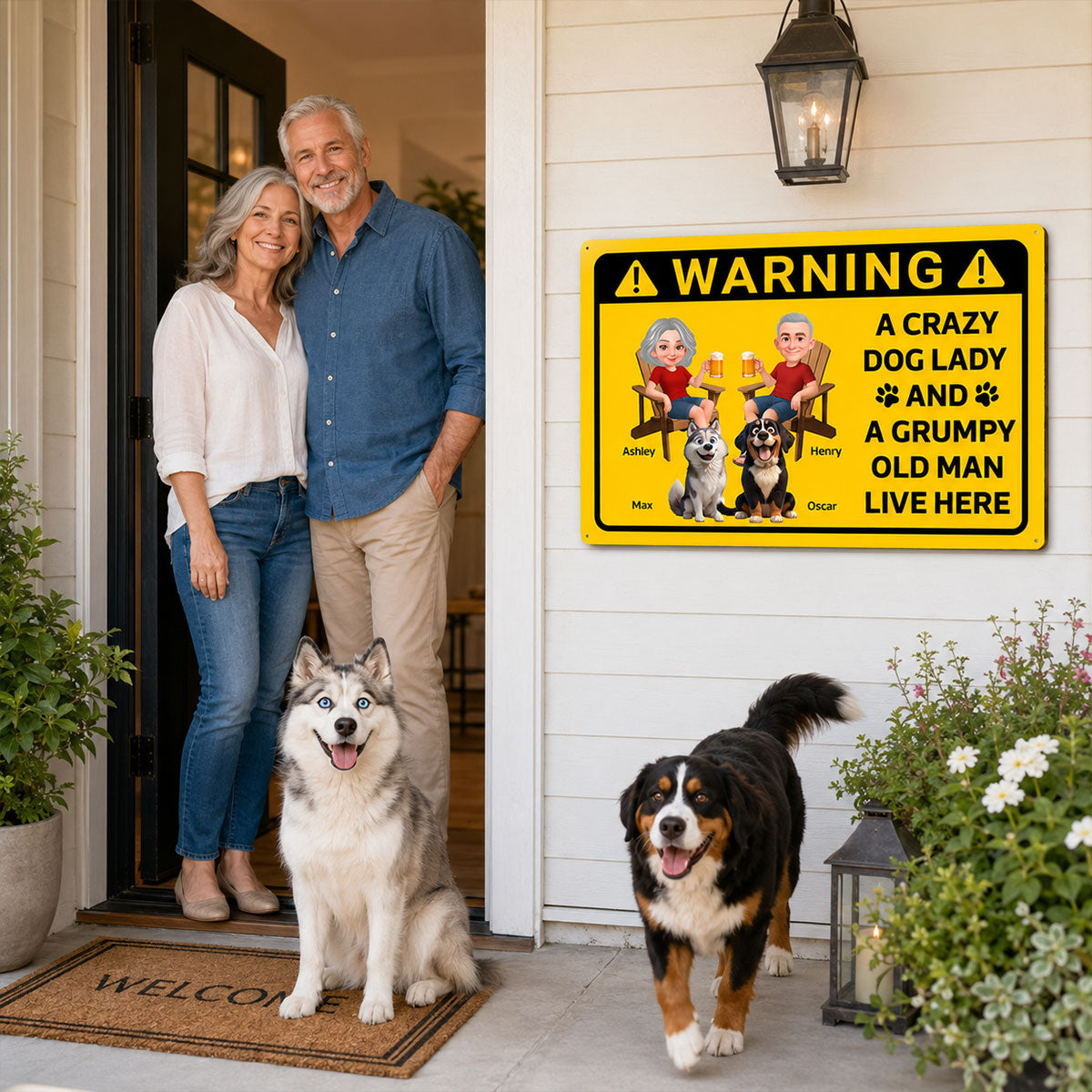 Warning Crazy Dog Lady Grumpy Old Man Live Here - Personalized Metal Sign - Funny Sarcasm Decoration For Patio, Garden, Farmhouse Porch