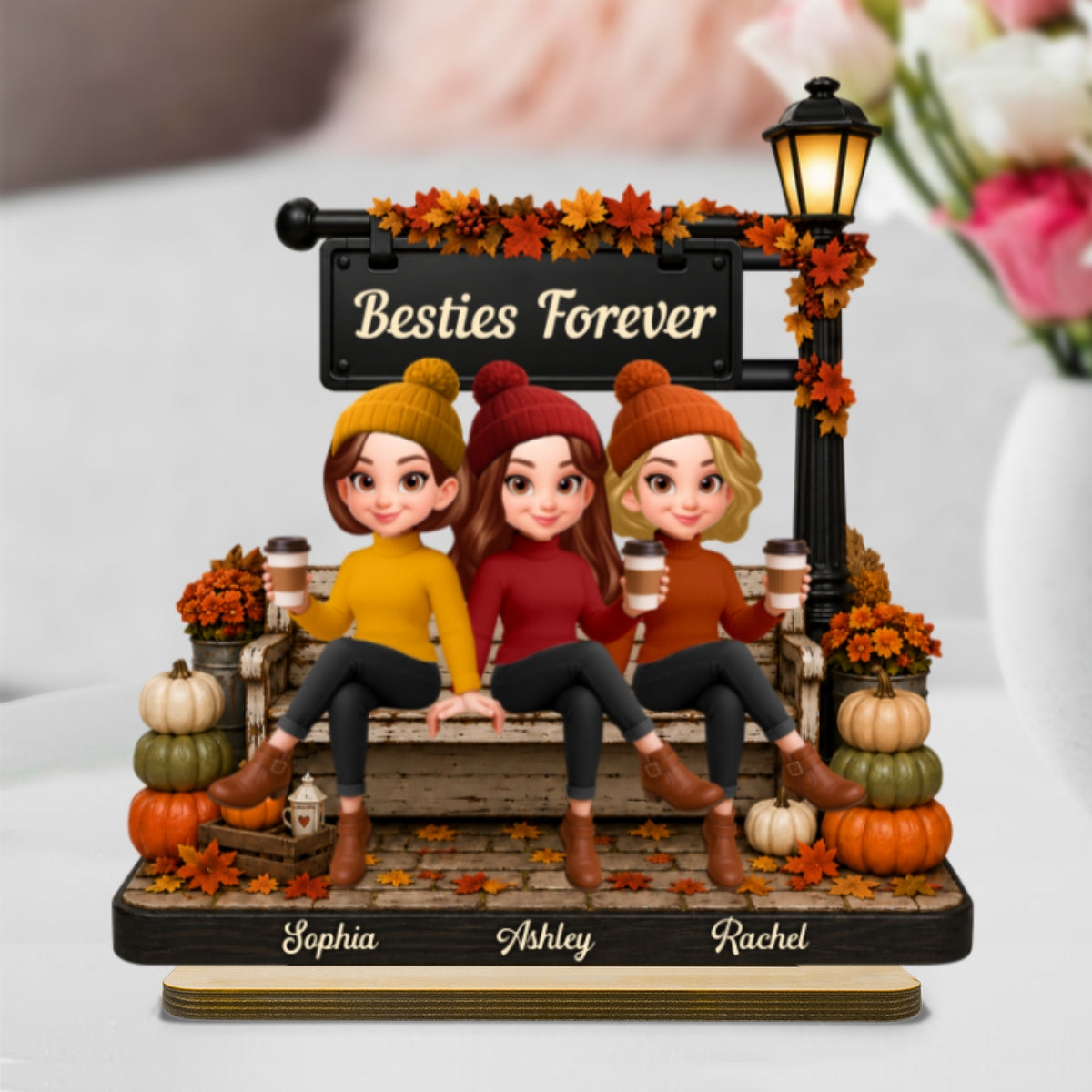 Fall Season Lamp Post Besties Forever - Personalized 2-Layered Wooden Plaque - Fall Gift For Besties
