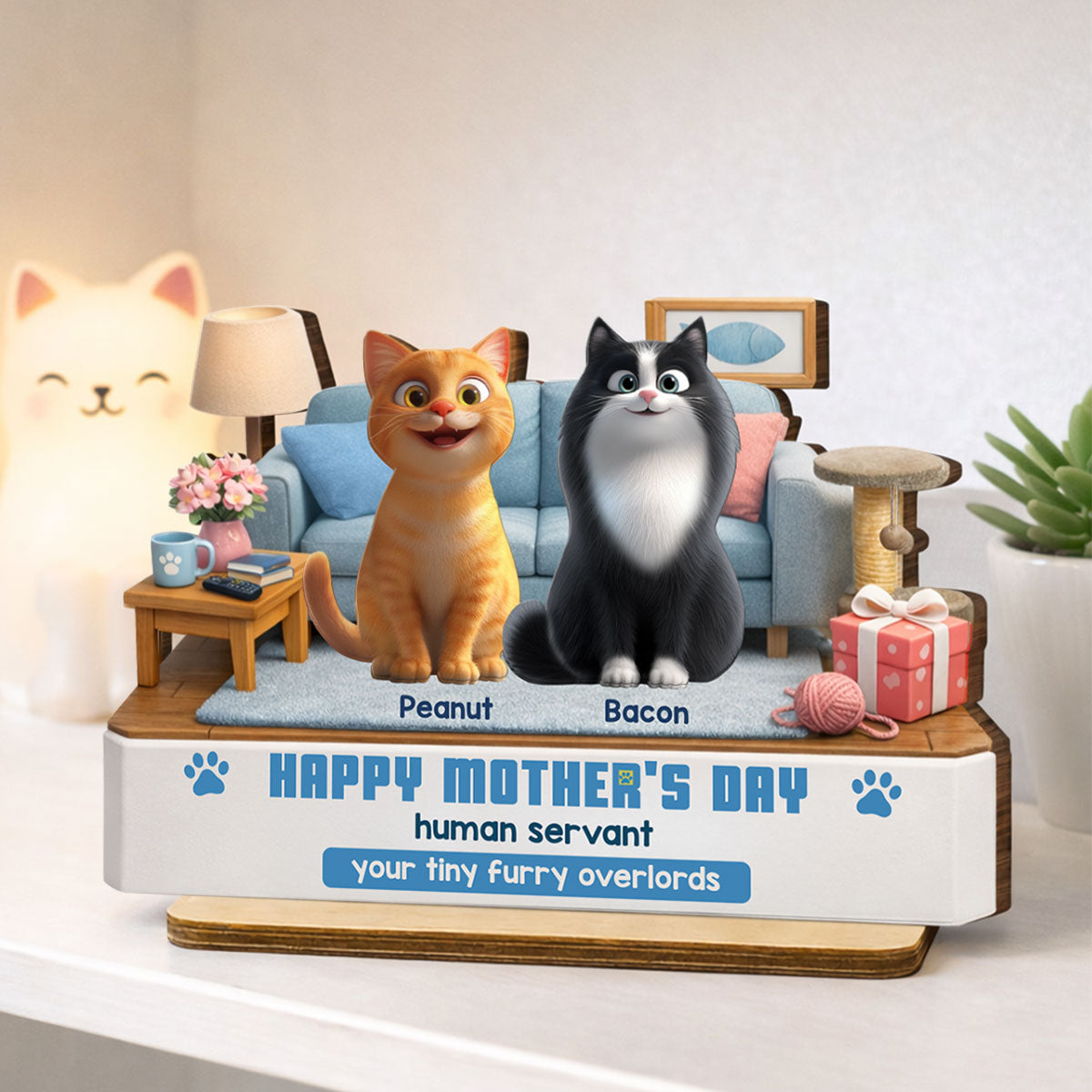 Happy Mother's Day Human Servant - Personalized 2-Layered Wooden Plaque - Funny Gift for Cat Moms