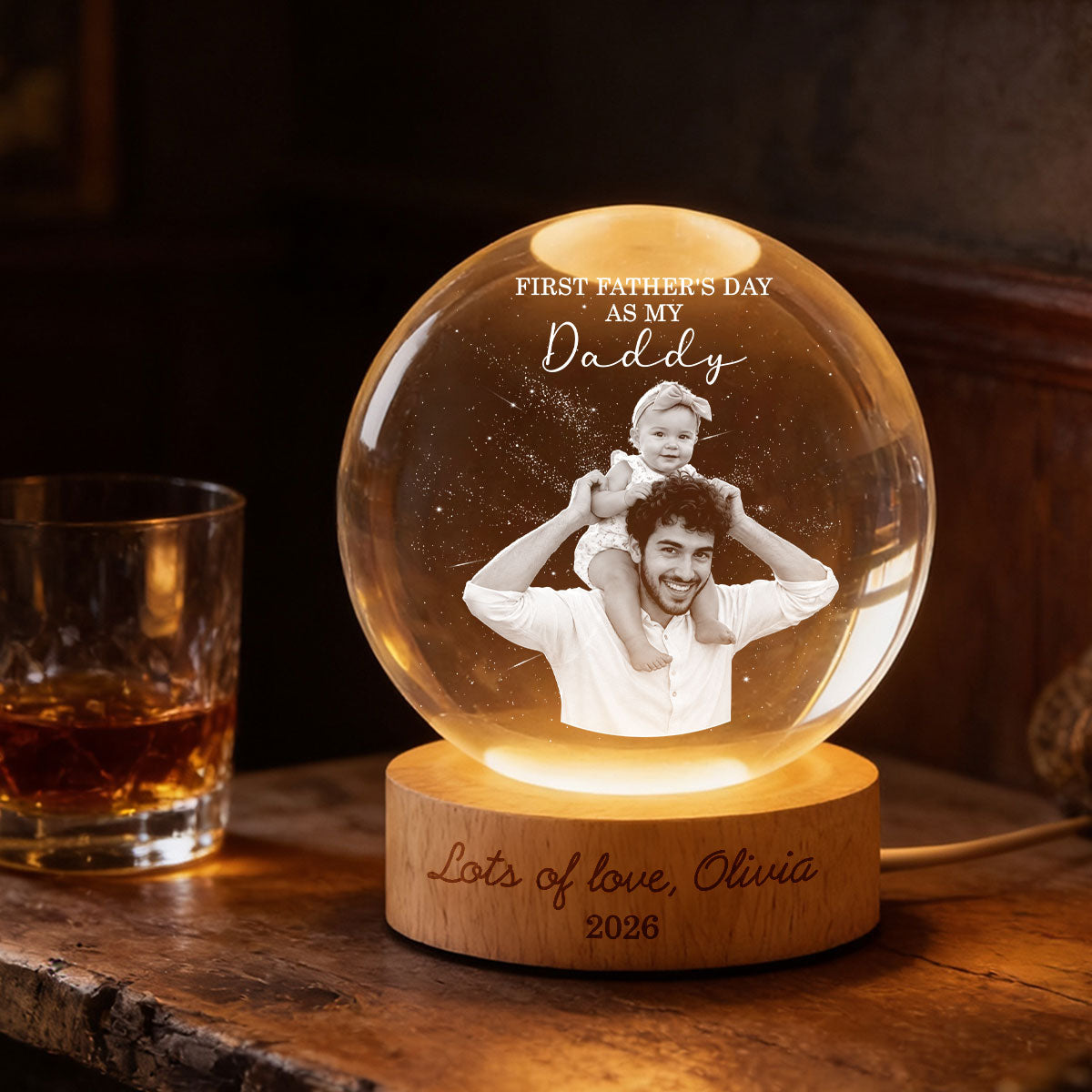 First  as My Daddy - Personalized Crystal Ball LED Night Light -  Gift for Dad