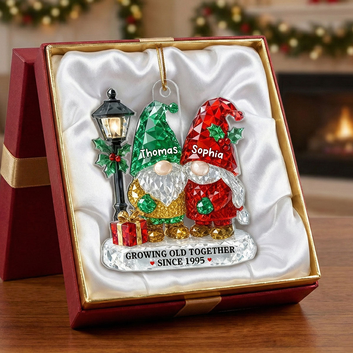 3D Crystal Effect Gnome Couple Growing Old Together - Personalized Acrylic Ornament - Gift For Couple