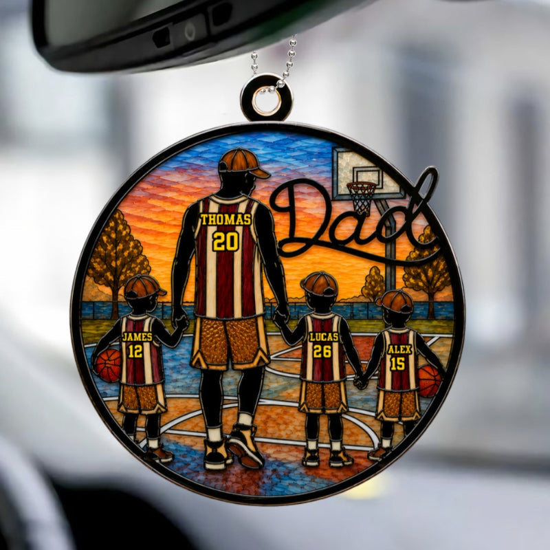 Basketball Dad & Kids 2D Flat - Personalized Acrylic Car Ornament - Father's Day Gift For Basketball Dad