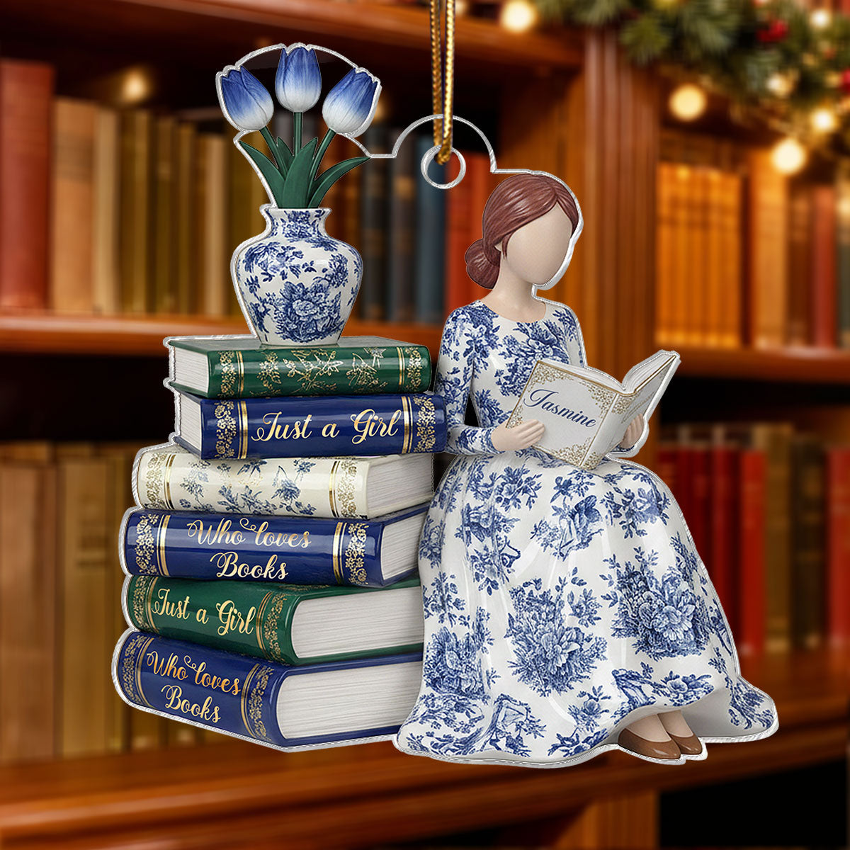 3D Effect Girl Reading Books Toile De Jouy Pattern - Personalized Acrylic Ornament - Christmas Gift For Book Lover, Bookworm