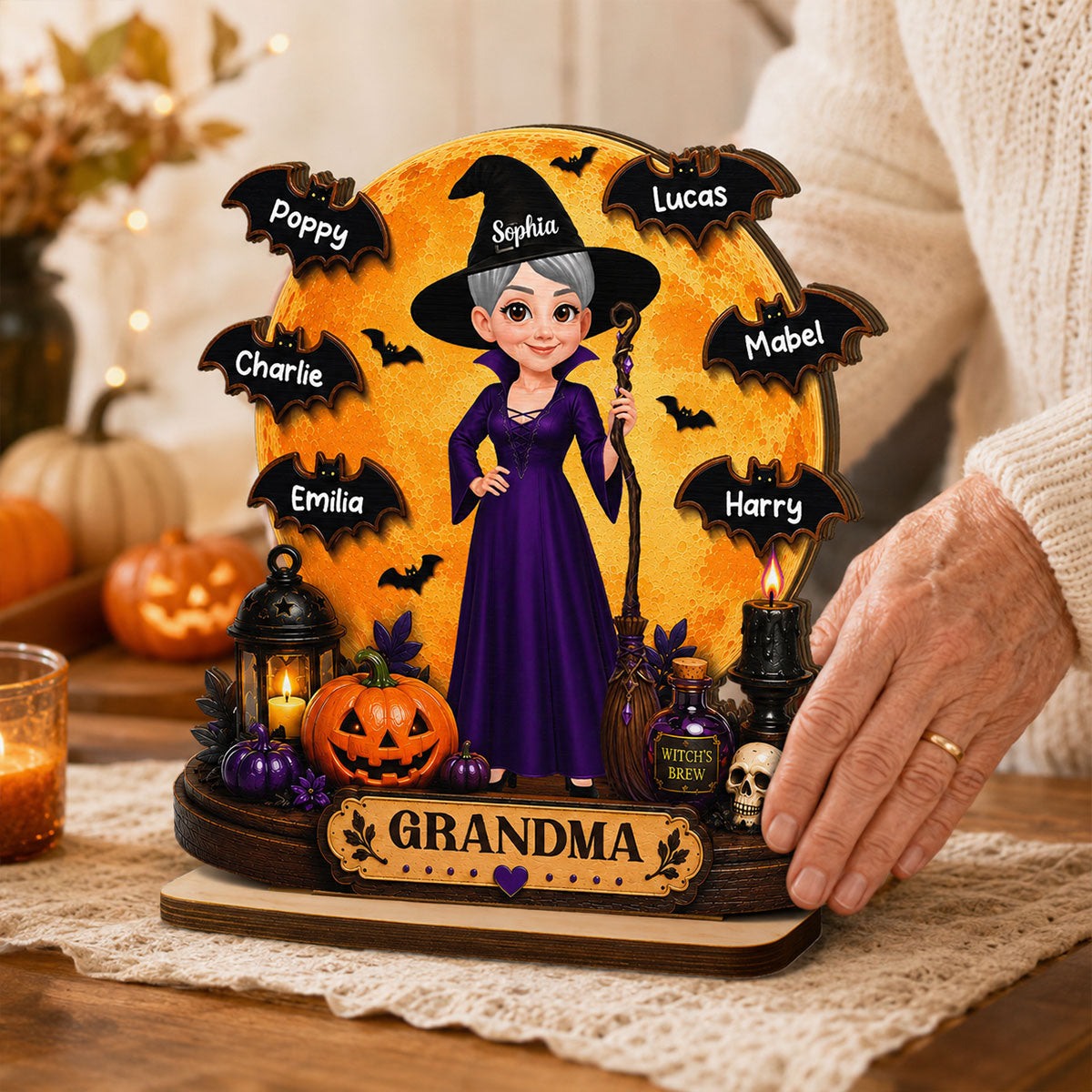 Grandma Witch Under Full Moon 2D Flat - Personalized Wooden Plaque - Halloween Decor For Grandma