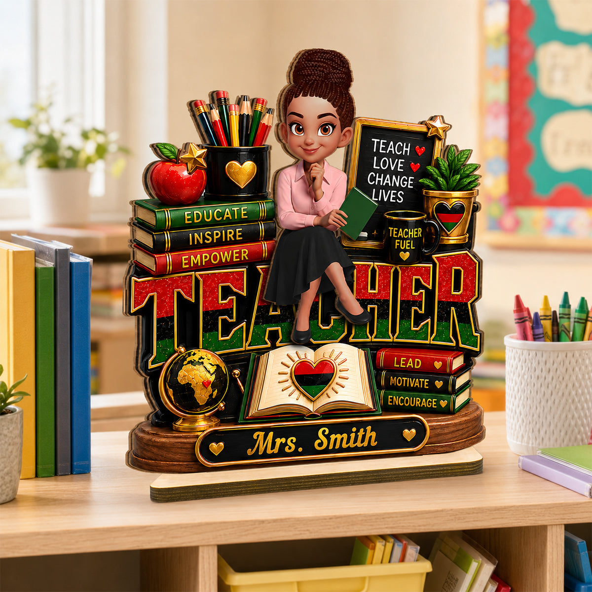 Teach Love Changes Life - Personalized 2-Layered Wooden Plaque - African American Teacher Appreciation Gift