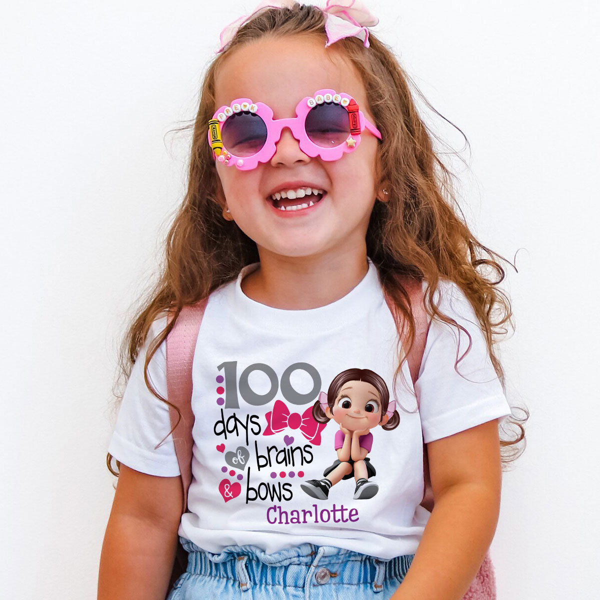 100 Days Brains & Bows Cute Little Girl - Personalized Kid T-Shirt - 100 Days Of School For Daughter, Granddaughter