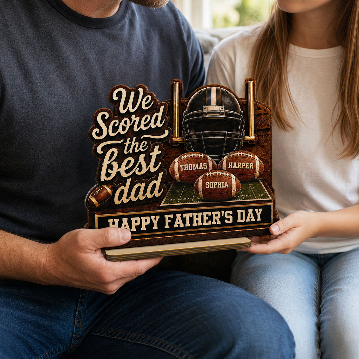 We Scored The Best American Football Dad Custom Name 2D Flat - Personalized 2-Layered Wooden Plaque -  Gift For Football Dad