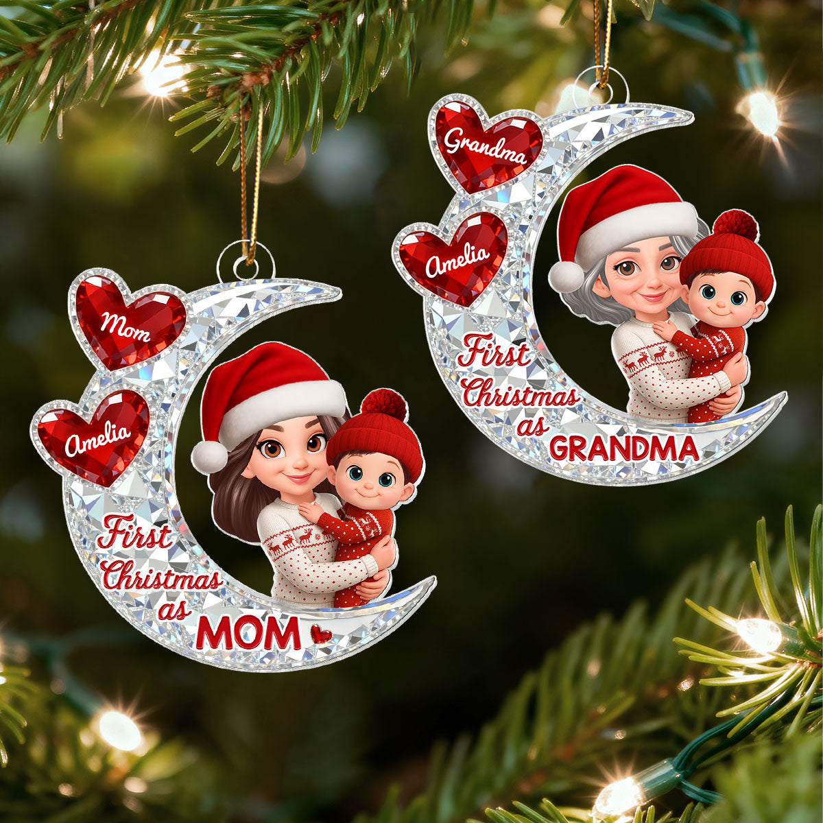 3D Effect Flat Moon First Christmas With New Baby - Personalized Acrylic Ornament - Christmas Gift For New Grandma, New Mom