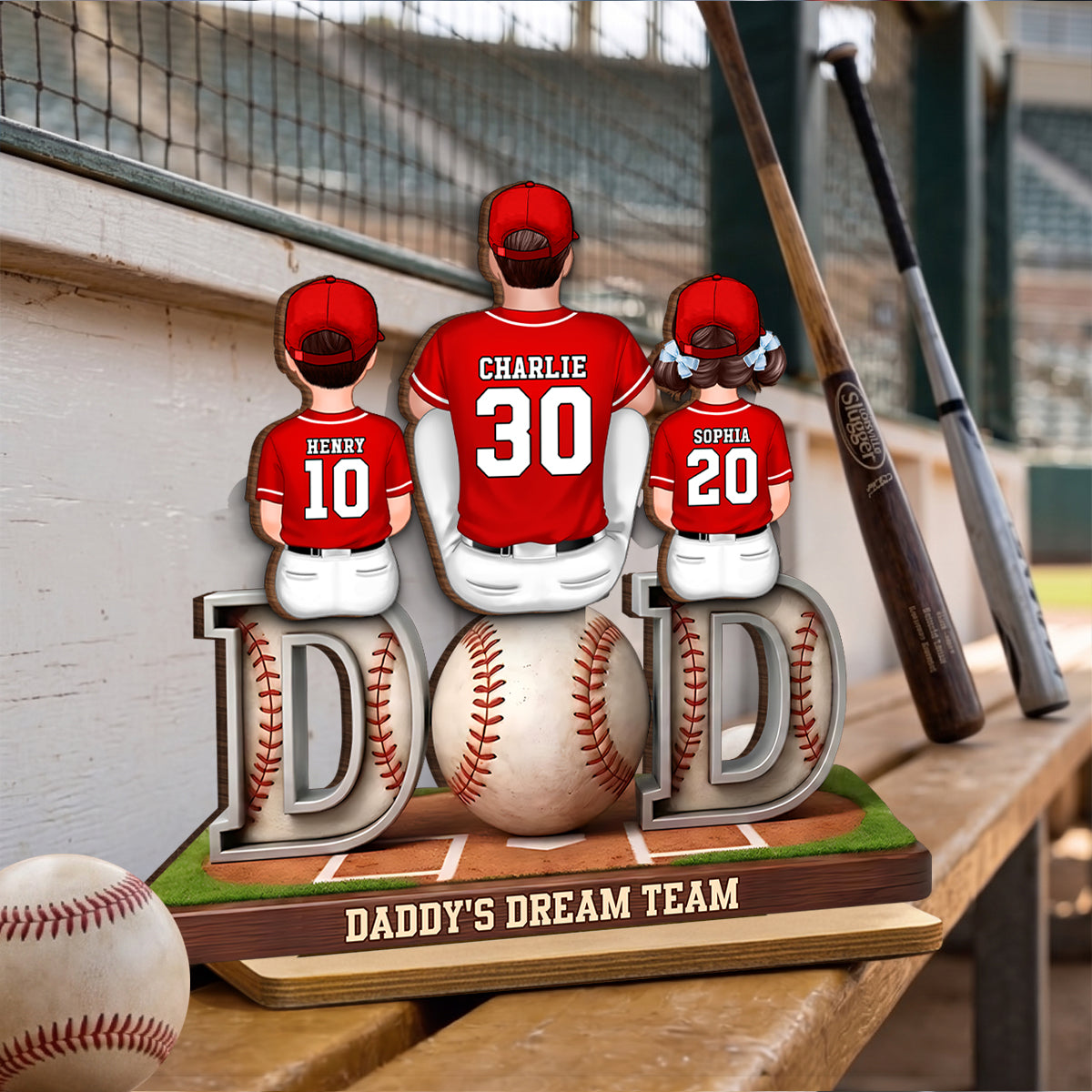 Daddy's Dream Team Baseball Family - Personalized 2-Layered Wooden Plaque - Heartfelt Gift For Baseball Dad, Gift For Family