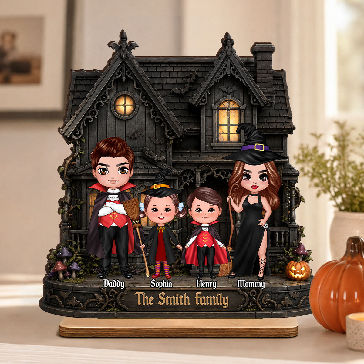 Family Haunted House - Personalized 2-Layered Wooden Plaque - Halloween Spooky Gothic Home Decor