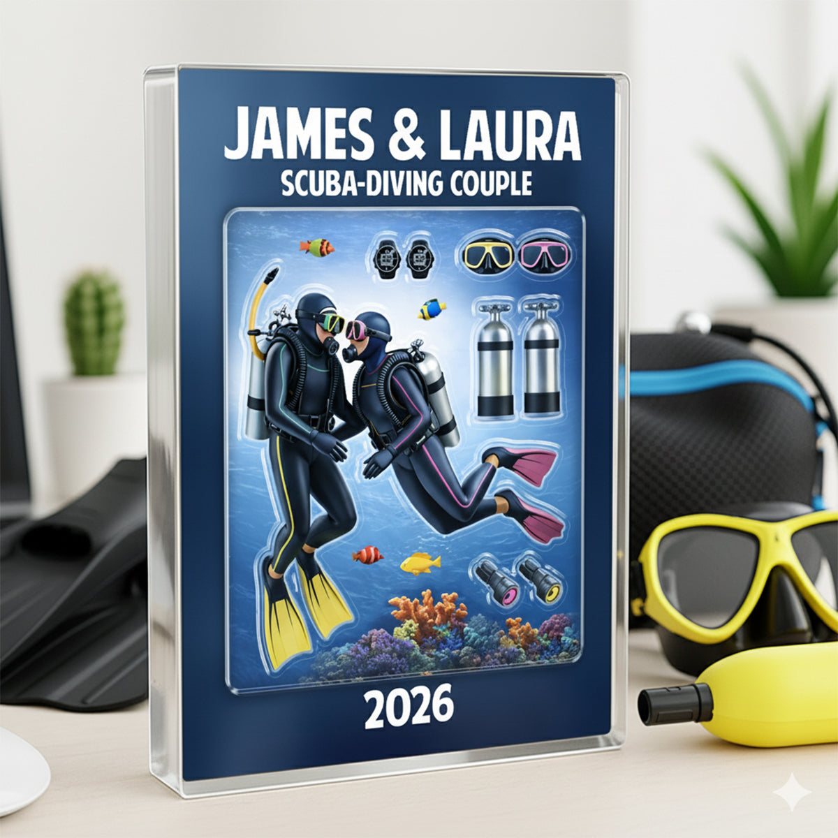 Scuba-Diving Couple Ocean Lover - Personalized Acrylic Block Plaque - Anniversary, Valentine's Day Gift, Gift For Him, Gift For Her
