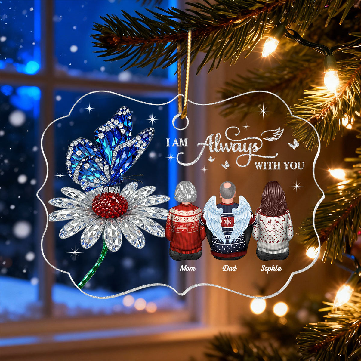 3D Crystal Effect Daisy Butterfly Always With You Family Memorial - Personalized Acrylic Ornament - Remembrance Gift, Sympathy Gift