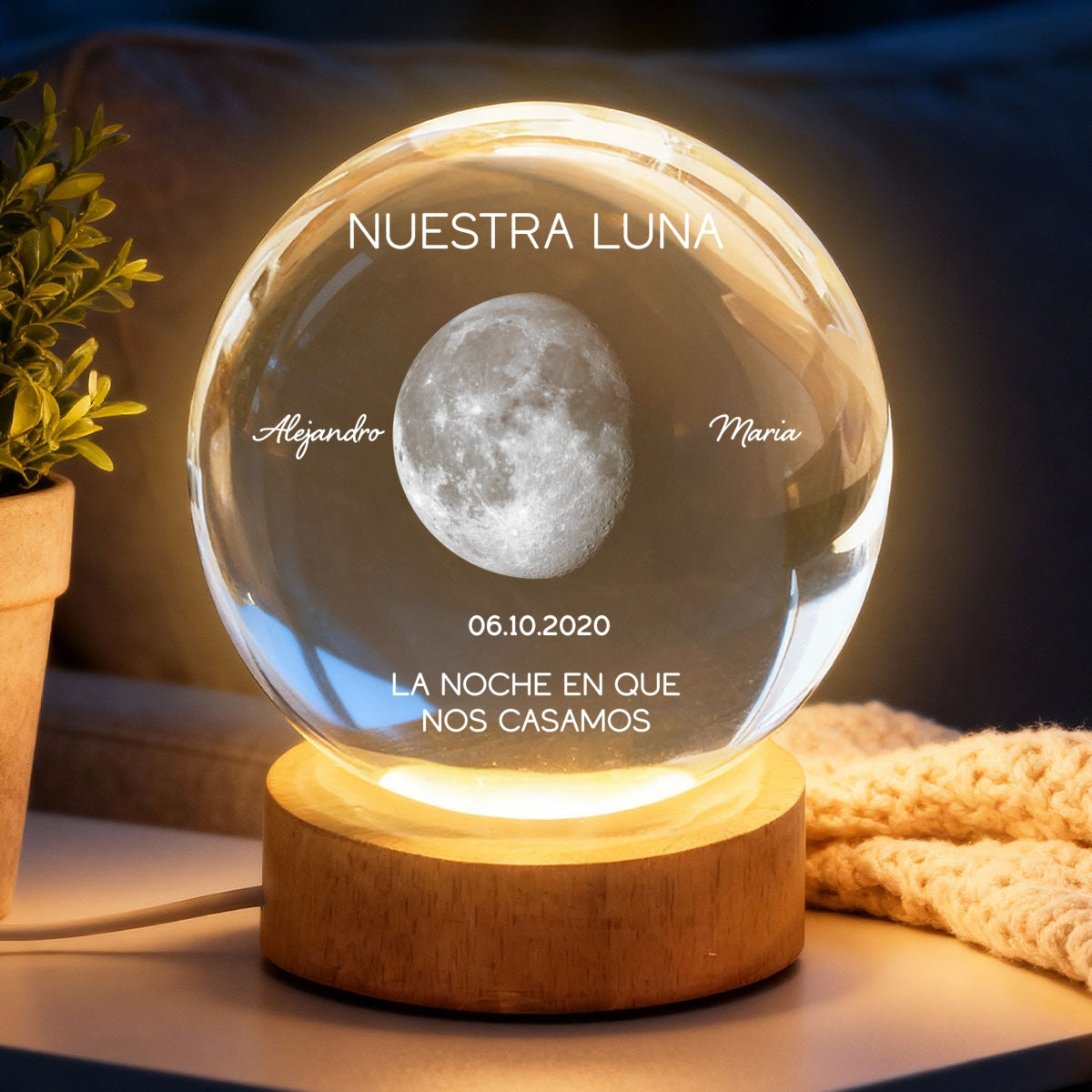 Nuestra Luna – Fase Lunar Personalizada por Fecha – Bola de Cristal con Luz Nocturna – Regalo de Aniversario