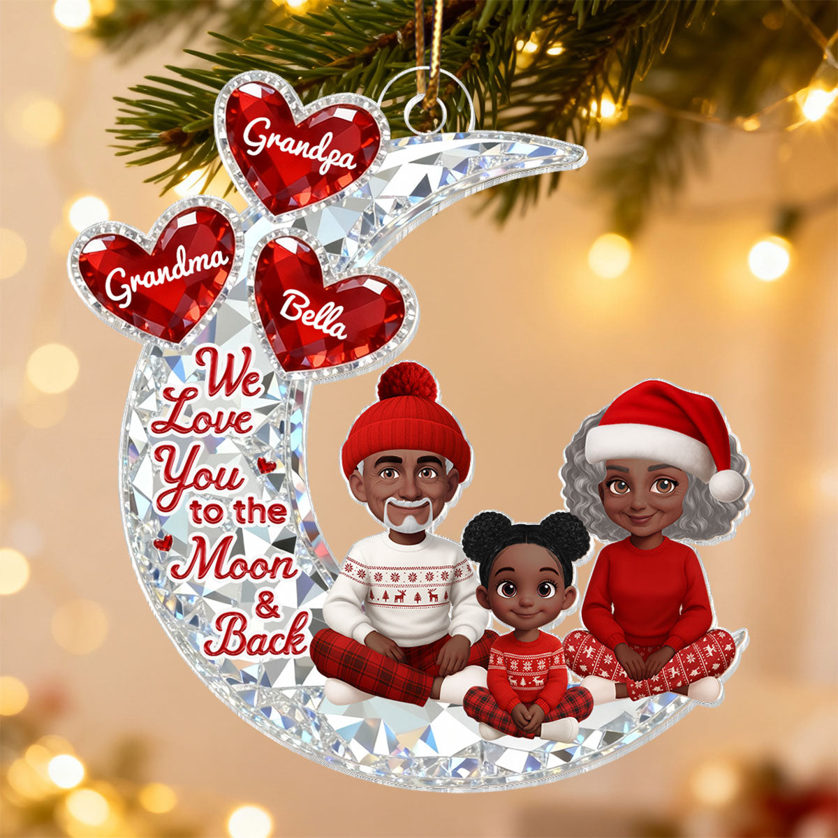 3D Effect Flat Moon Grandpa Grandma Grandkid Love You To The Moon And Back - Personalized Acrylic Ornament - Christmas Gift For All Grandkids