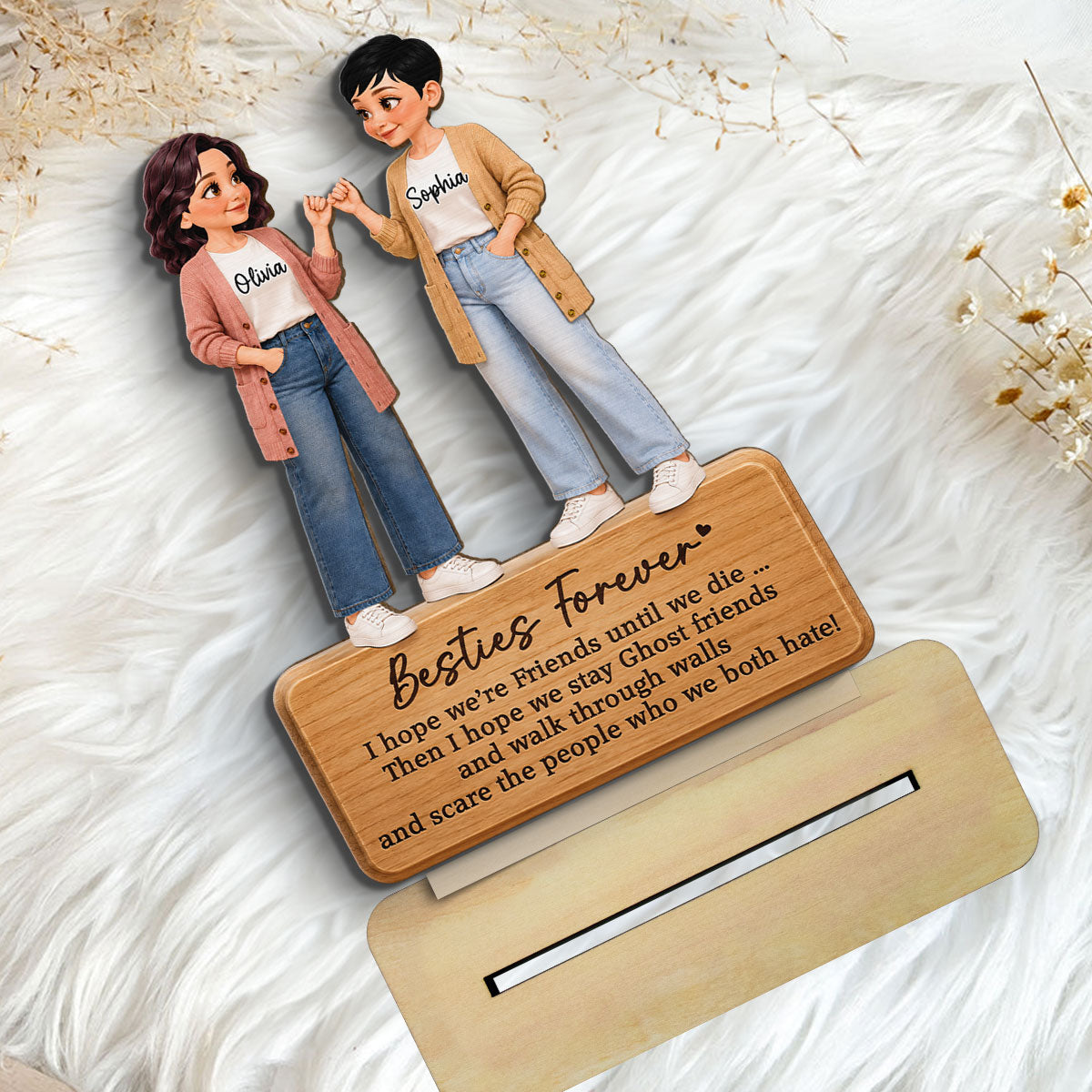 Pretty Besties Forever Pinky Promise 2D Flat - Personalized 2-Layered Wooden Plaque - Friendship Keepsake