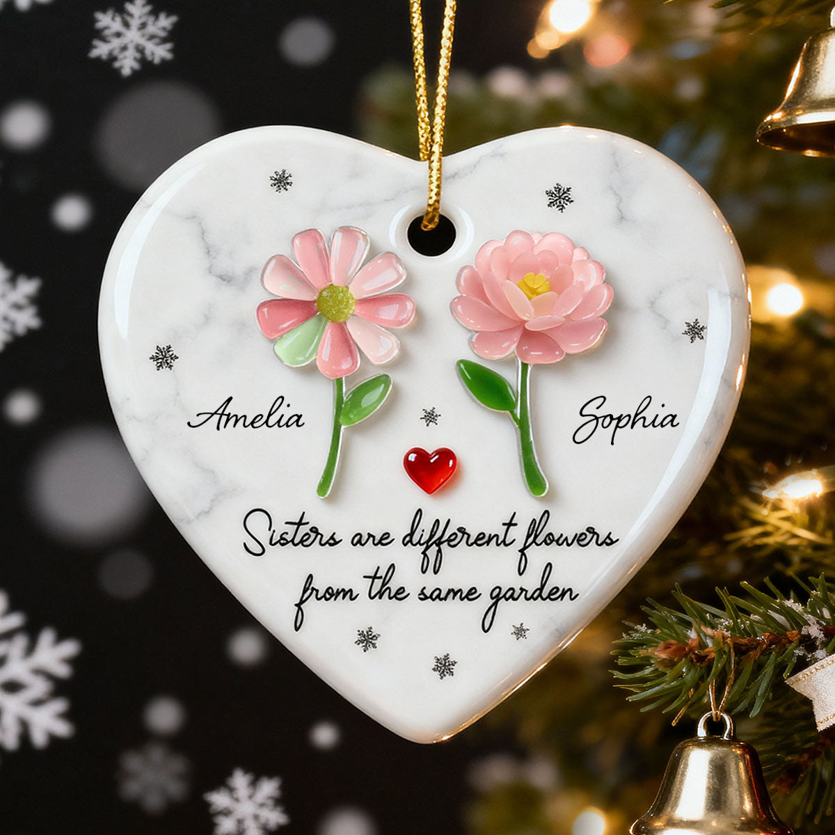 3D Effect Sea Glass Sisters Are Different Flowers from the Same Garden - Personalized Ceramic Ornament with Acrylic