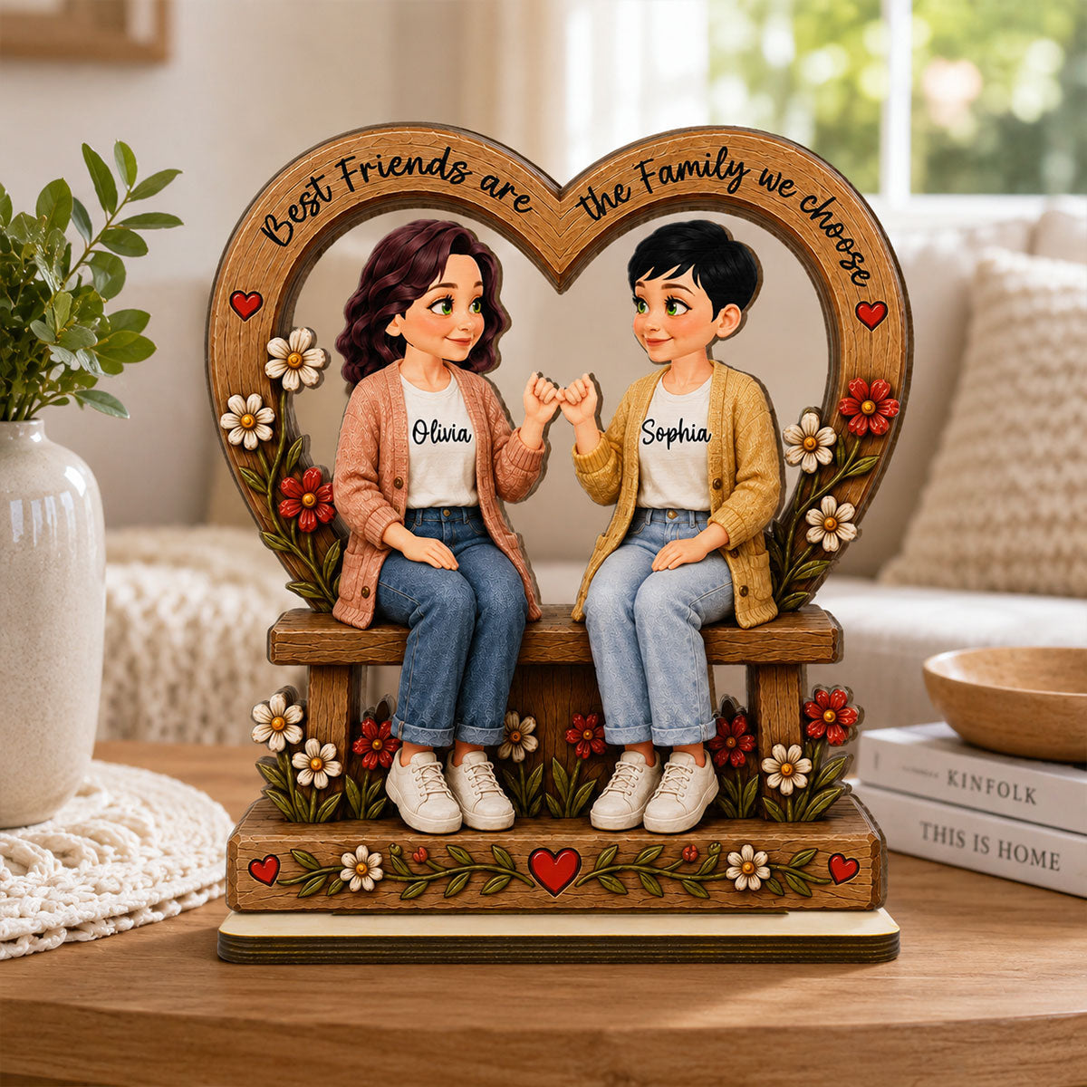 Best Friends Are The Family We Choose Pinky Promise Besties Sitting 2D Flat - Personalized 2-Layered Wooden Plaque - Birthday Gift, Friendship Gift for Best Friends