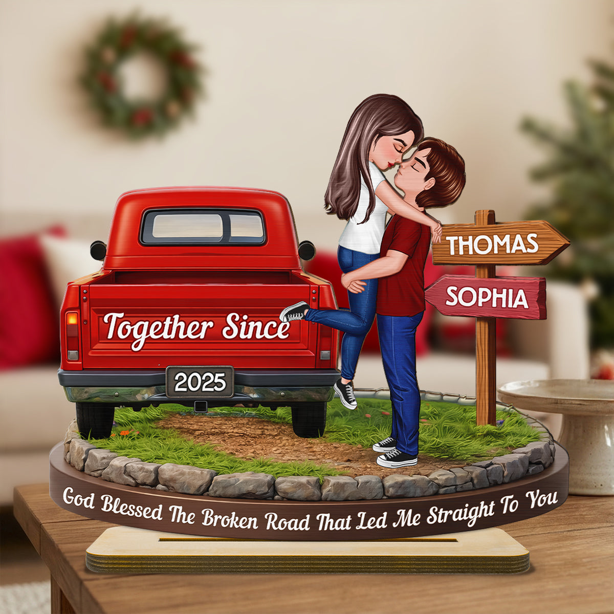 God Blessed The Broken Road - Personalized Standing Wooden Plaque - Gift for Couple