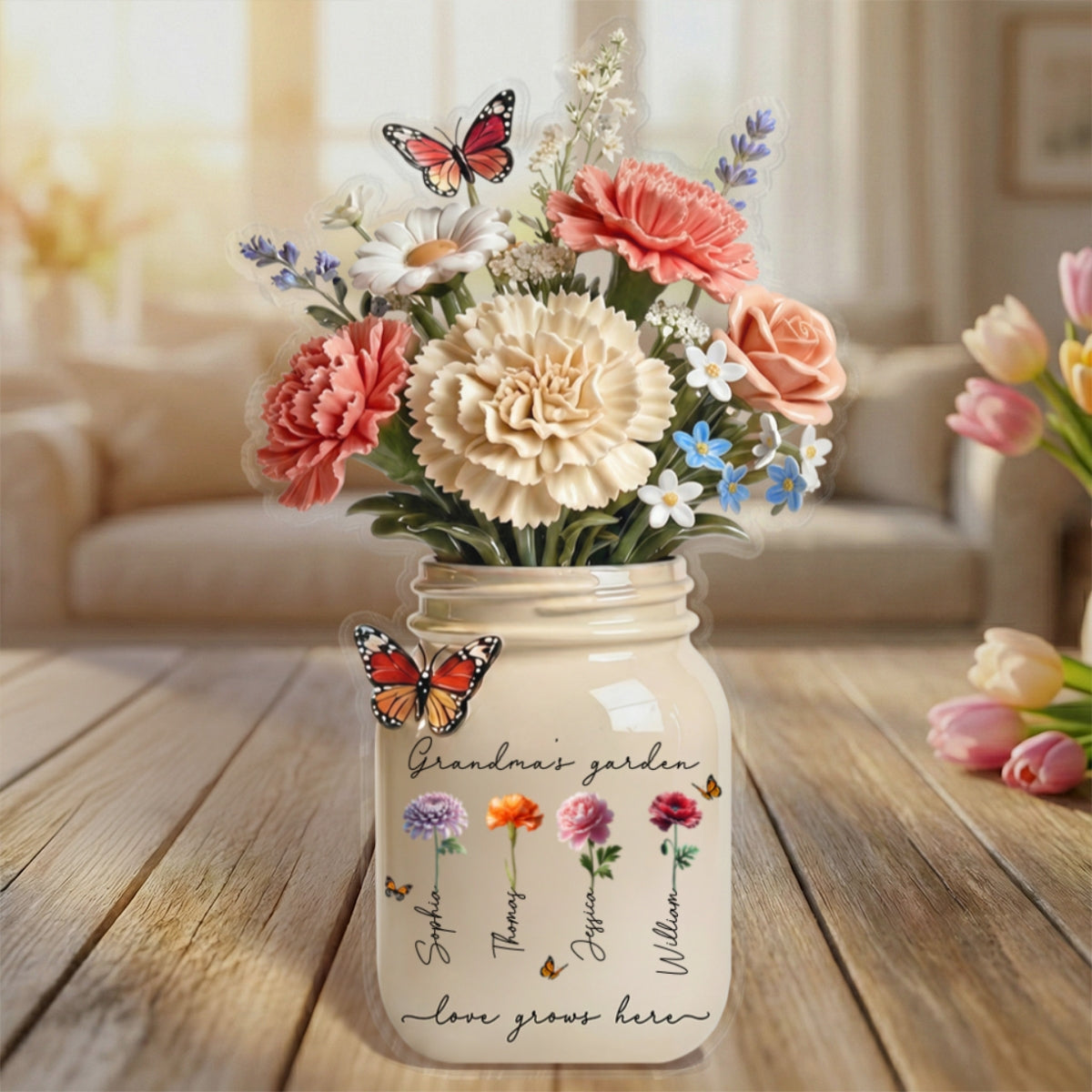Grandma's Garden Flower Jars Birth Flowers 2D Flat - Personalized Acrylic Block Plaque - Mother's Day Gift For Grandma