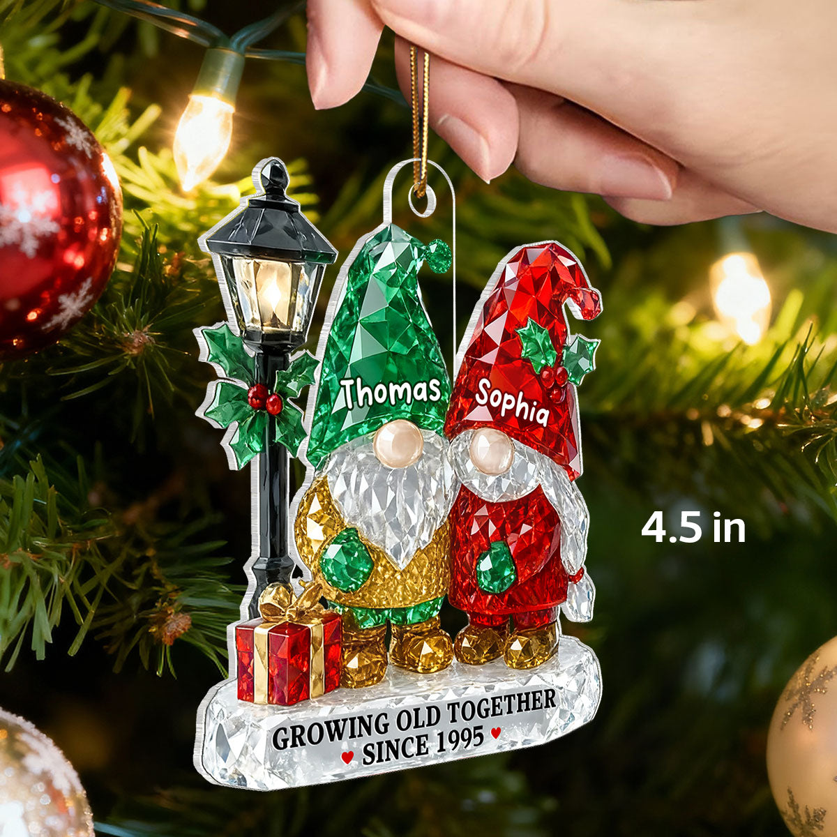 3D Crystal Effect Gnome Couple Growing Old Together - Personalized Acrylic Ornament - Gift For Couple