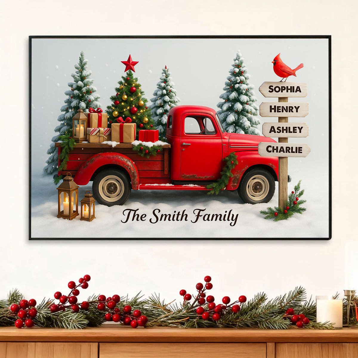Red Christmas Truck Custom Family Name Sign Post - Personalized Poster - Christmas Gift for Family