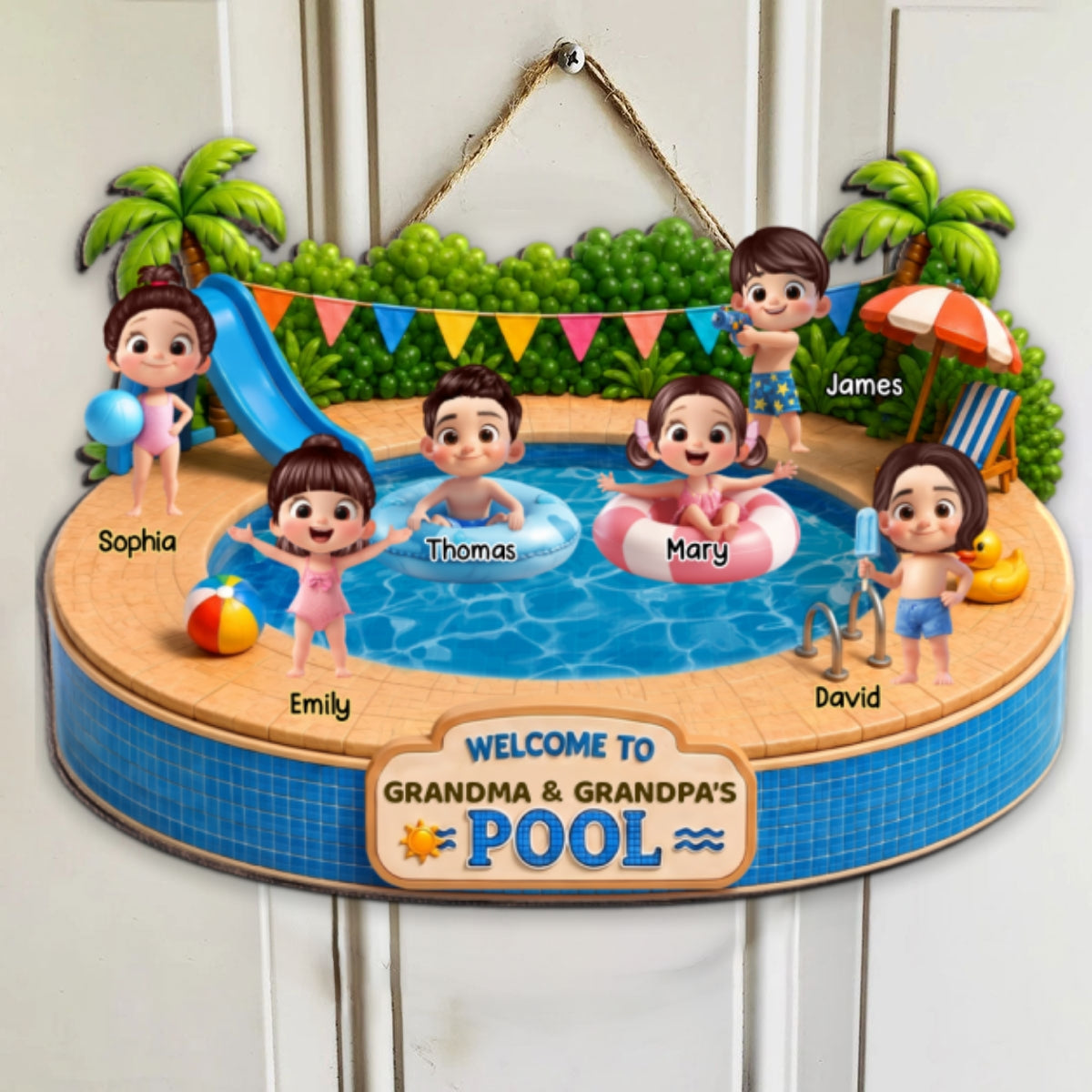 Welcome To Grandma Grandpa Pool Playful Kids 2D Flat - Personalized Wood Sign