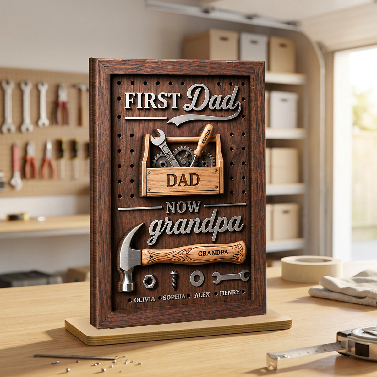 First Dad Now Grandpa Tool Box - Personalized 2-Layered Wooden Plaque - Heartfelt Gift For Dad, Grandpa, Husband