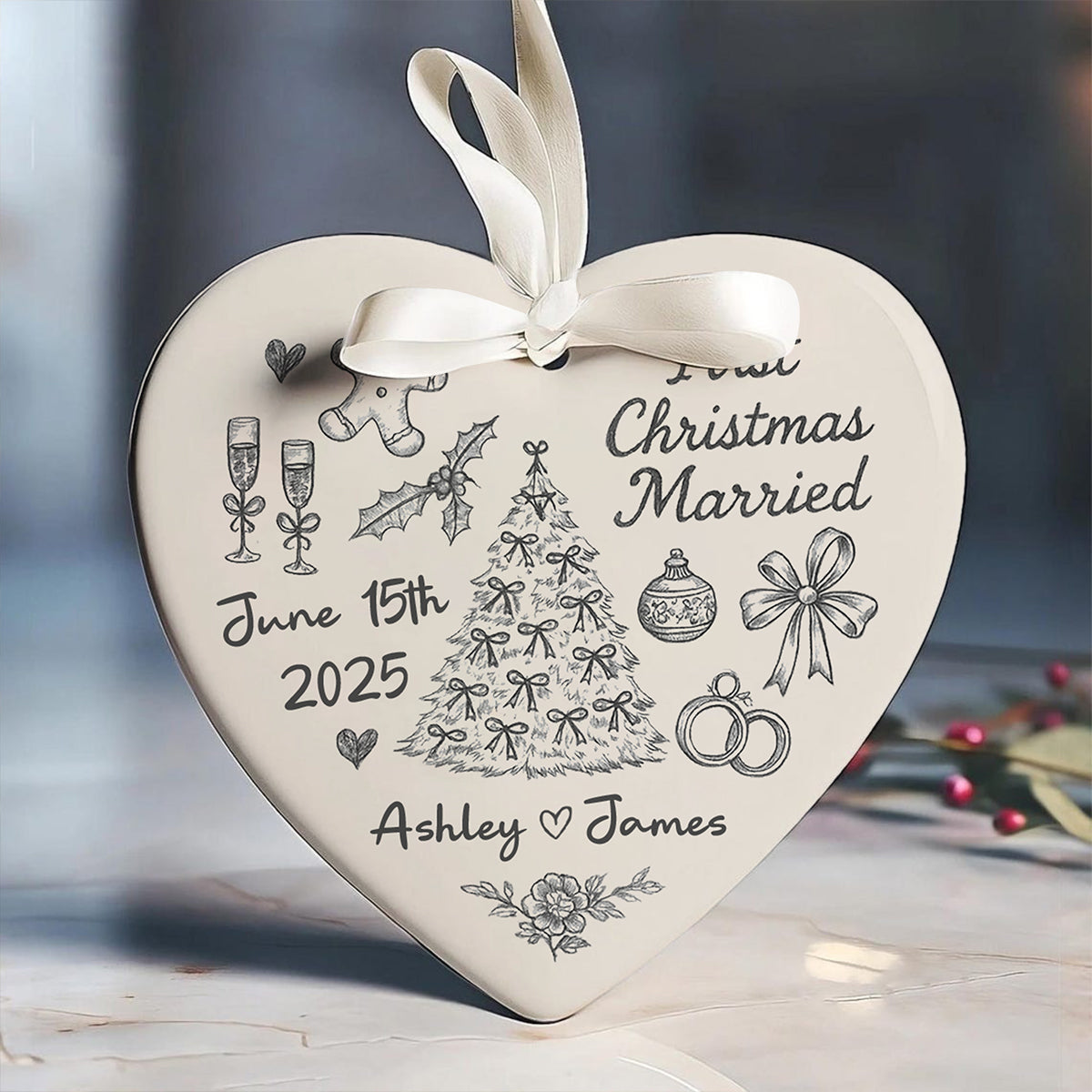First Christmas Married Toile De Jouy Pattern - Personalized Ceramic Ornament - Christmas Gift For Him, For Her, For Couple