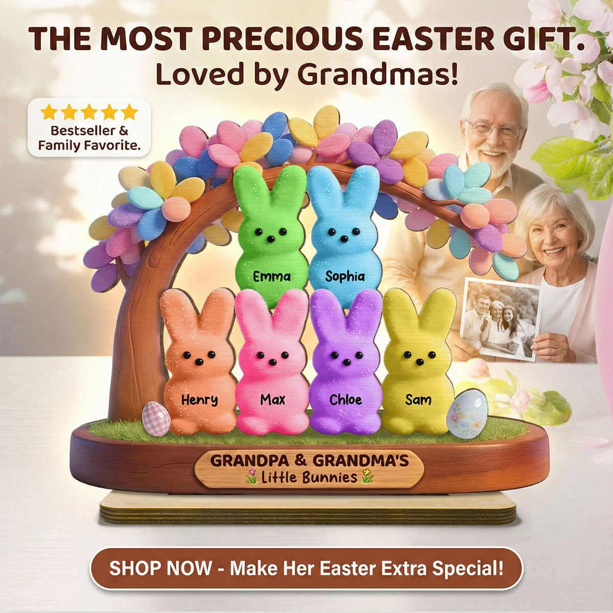 Colorful Happy Easter Grandma Little Bunnies - Personalized 2-Layered Wooden Plaque - Gift For Grandma