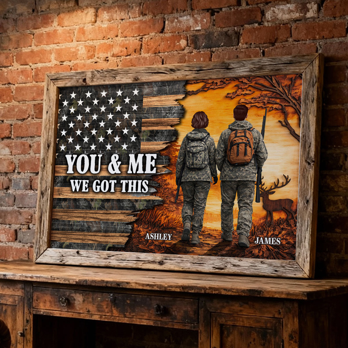 Eternal Love Back View Hunting Couple Half Nation Flag - Personalized Poster - Gift For Hunting Couple, Hunters, Gift For Him, For Her