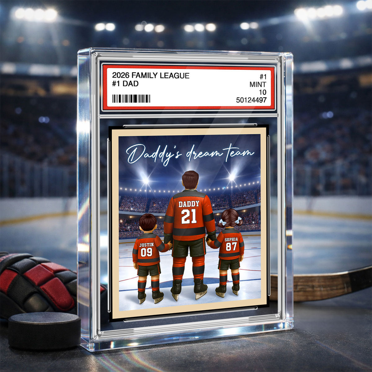 Daddy's Dream Team Hockey Trading Card Style - Personalized Acrylic Block Plaque - Heartfelt Gift For Hockey Dad, Gift For Husband