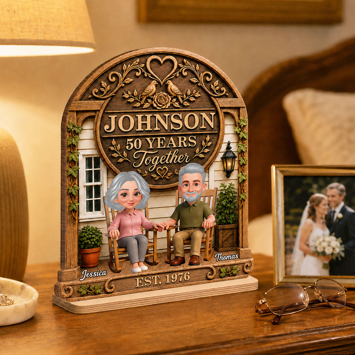Old Couple 30th 40th 50th Anniversary Gift - Personalized 2-Layered Wooden Plaque - Wedding Year Decor