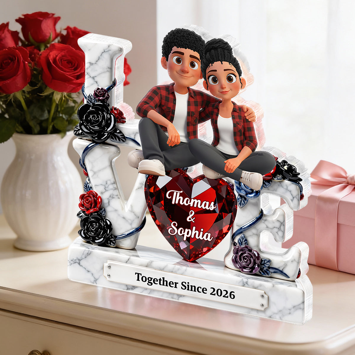 Couple Sitting on Love Marble Pattern - Personalized Acrylic Block Plaque - Heartfelt Valentine's Day Gift for Her, for Him