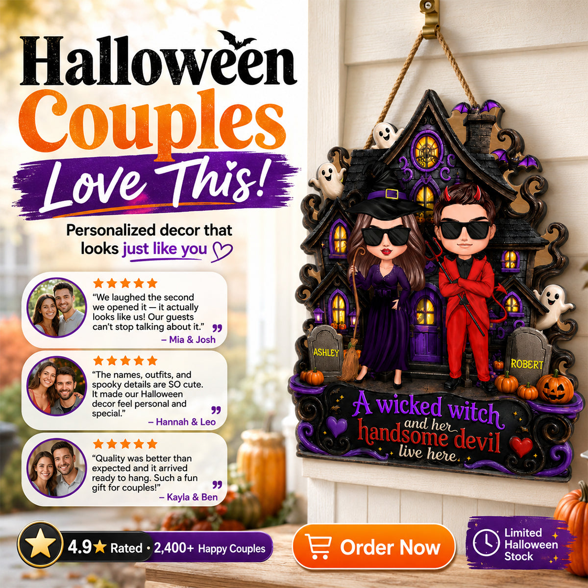 Halloween A Wicked Witch and Her Handsome Devil Live Here - Personalized Door Sign - Summerween Decor for Couples
