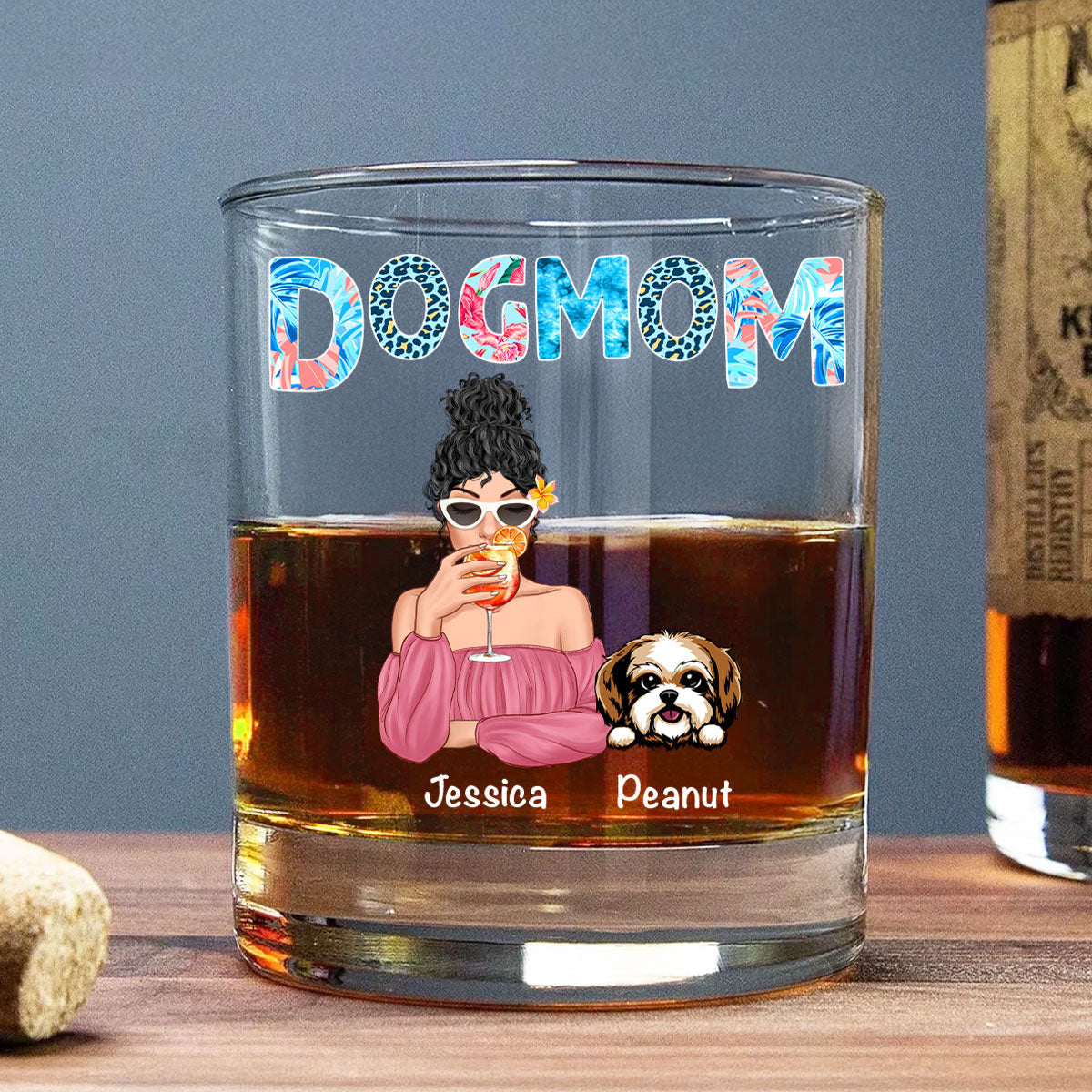 Dog Mom Summer Patterned Personalized Wine Glass, Gift for Dog Moms