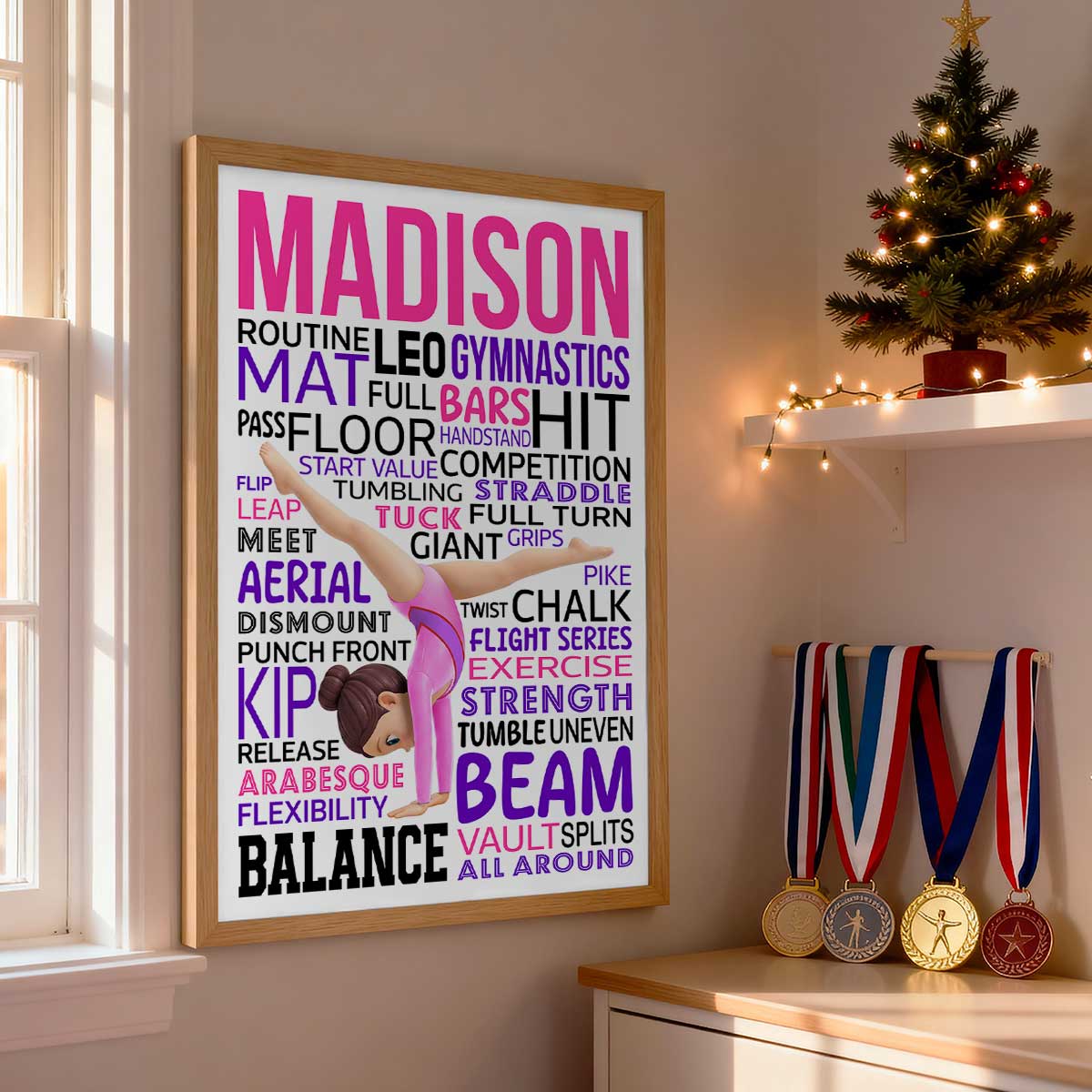 Typography Art Gymnastic Girl Cartwheel Pose - Personalized Poster - Gymnast Gift For Daughter, Granddaughter