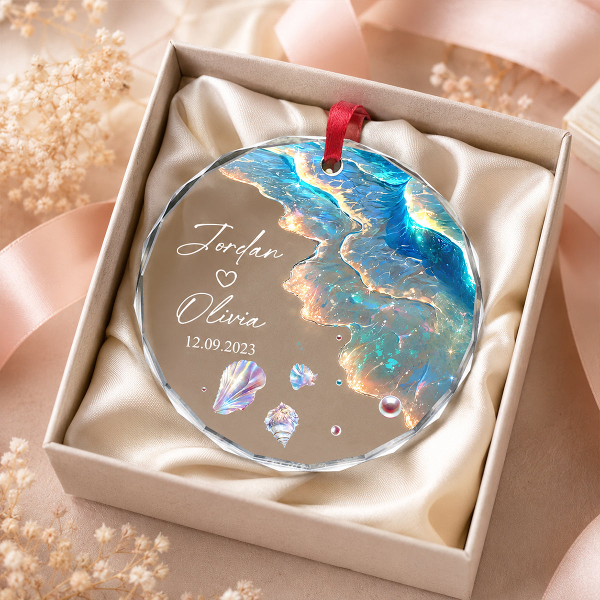 Ocean Wave Custom Engagement Wedding Gift for Couple - Personalized Glass Ornament - Mermaid Tail Keepsake, Mr & Mrs Anniversary Present