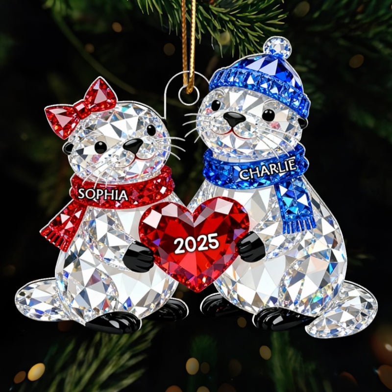 3D Crystal Effect Christmas Otter Couple - Personalized Acrylic Ornament - Heartwarming Christmas Gift for Couple