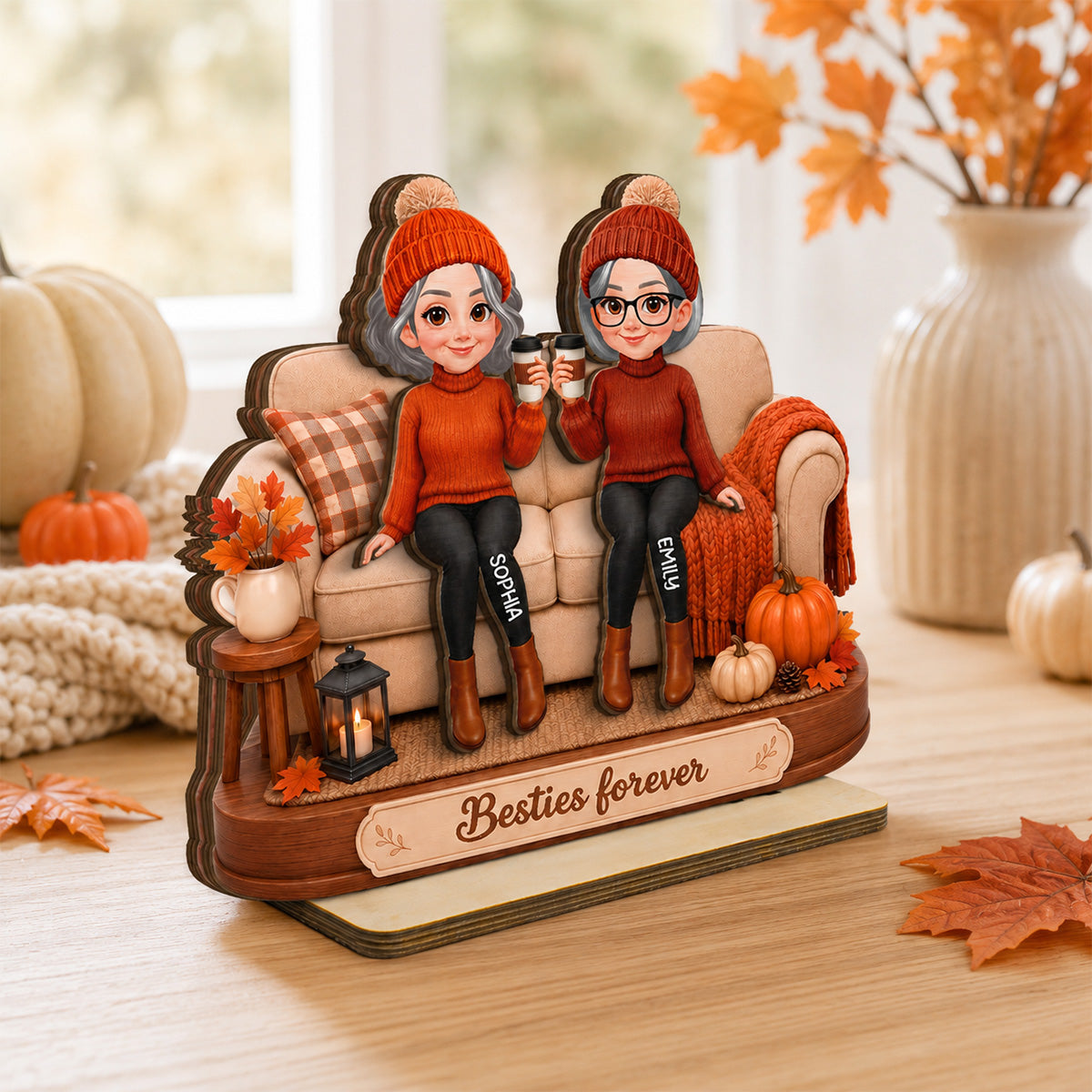 Besties Sisters Sitting On Sofa 2D Flat - Personalized Wooden Plaque - Fall Season Gift