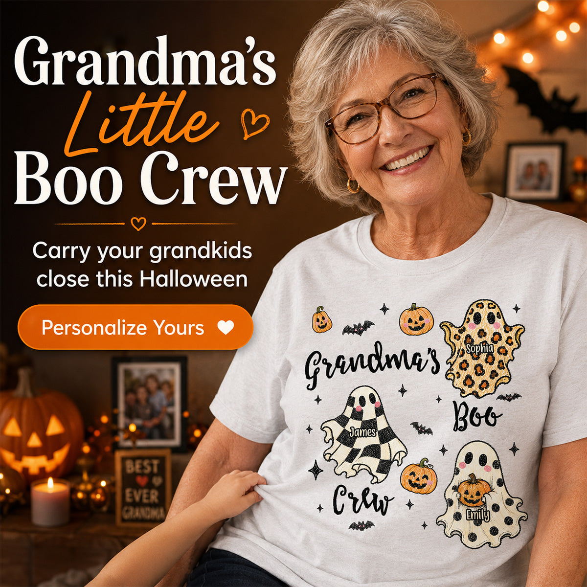 Grandma's Boo Crew Checkered Leopard Polka Dot Ghosts - Personalized Shirt - Perfect Halloween Costume for Grandma