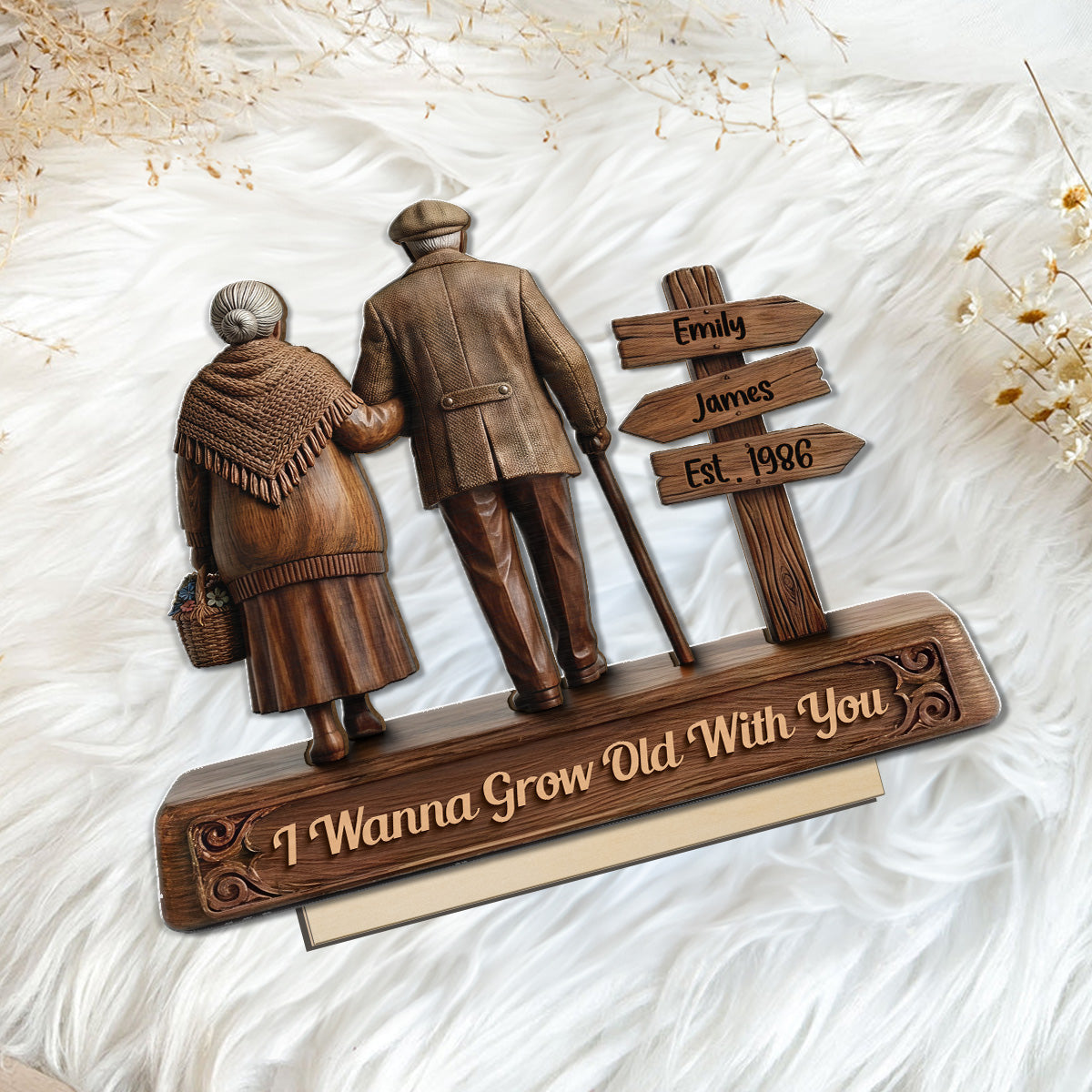 Old Couple Walking Side By Side Sign Post 2D Flat - Personalized 2-Layered Wooden Plaque