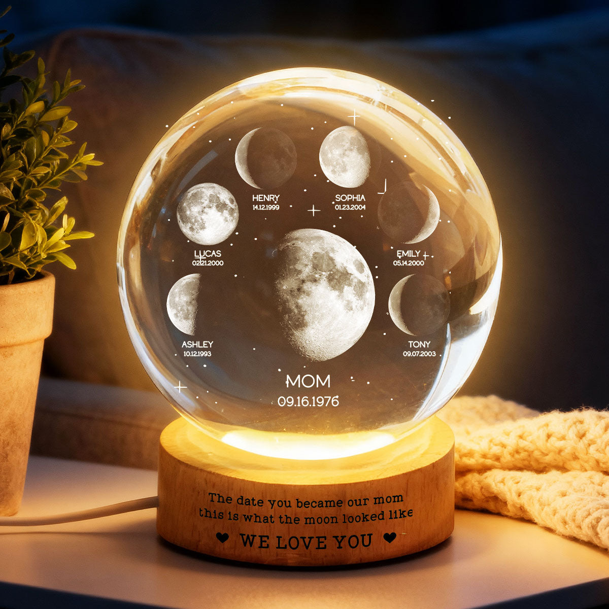 The Date You Became Our Mom We Love You - Personalized Crystal Ball LED Night Light - Gift For Mom, Grandma