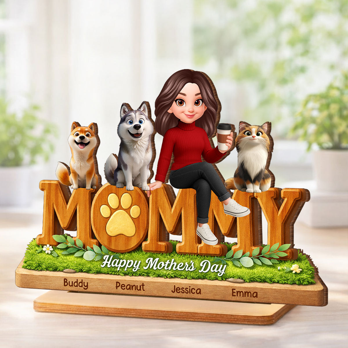 Mommy Dog Cat Happy Mother's Day - Personalized 2-Layered Wooden Plaque - Heartfelt Gift For Dog Mom, Cat Mom