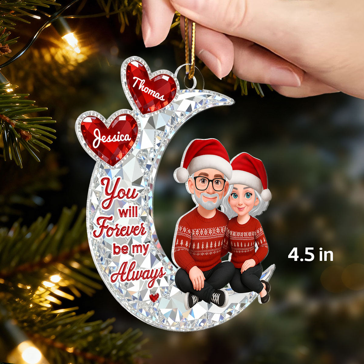 3D Effect Flat Couple Sitting On Moon - Personalized Acrylic Ornament - Heartfelt Gift For Couple, Gift For Him, For Her