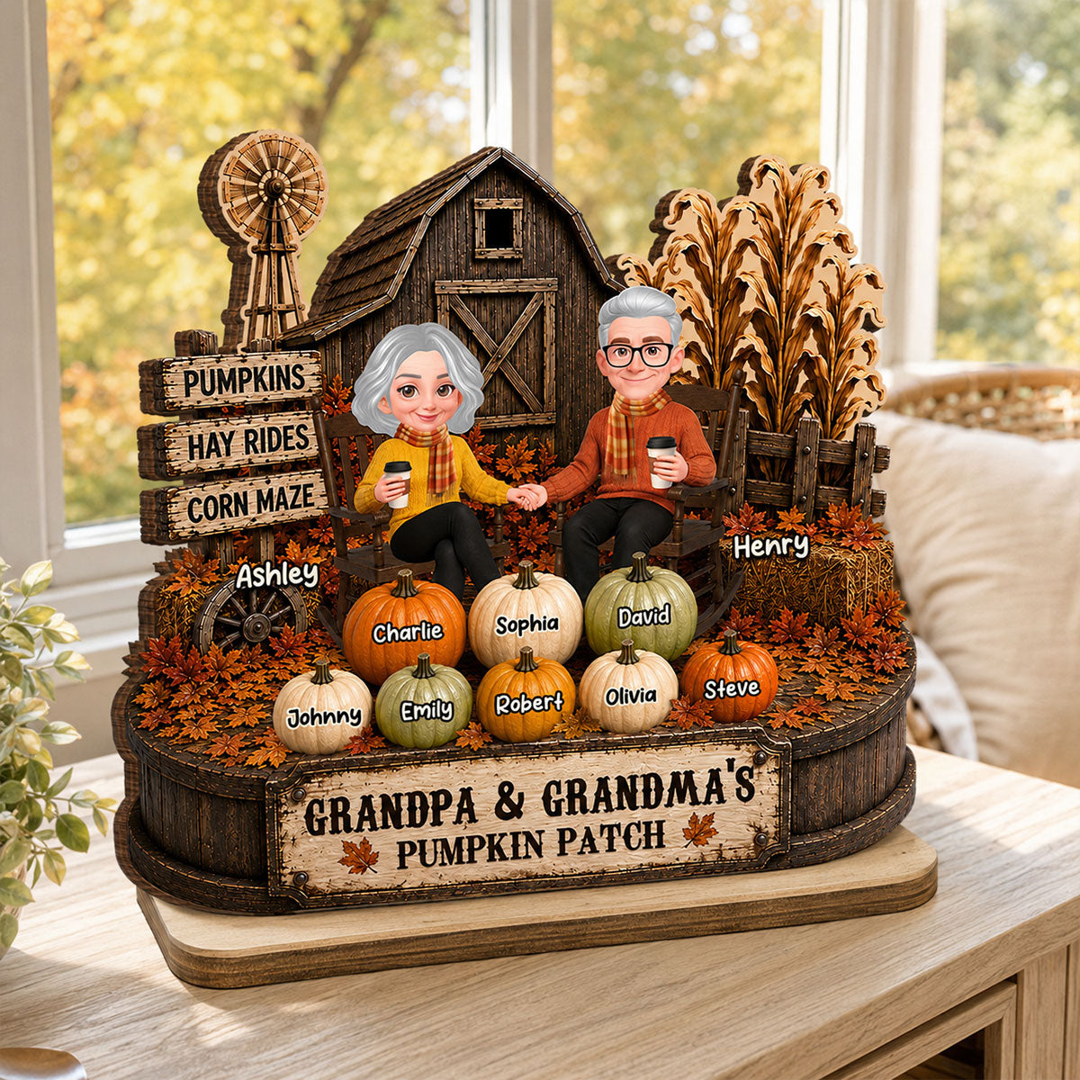 Fall Season Rustic Barnhouse Grandma Grandpa Little Pumpkins - Personalized 2-Layered Wooden Plaque - Fall Decor For Grandparents