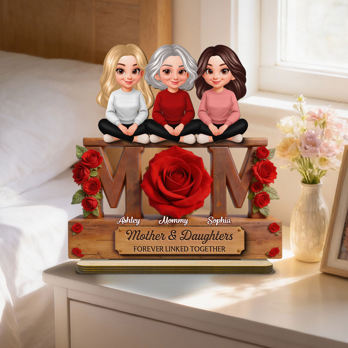Beautiful Roses MOM And Daughters Sons - Personalized 2-Layered Wooden Plaque - Gift For Mom