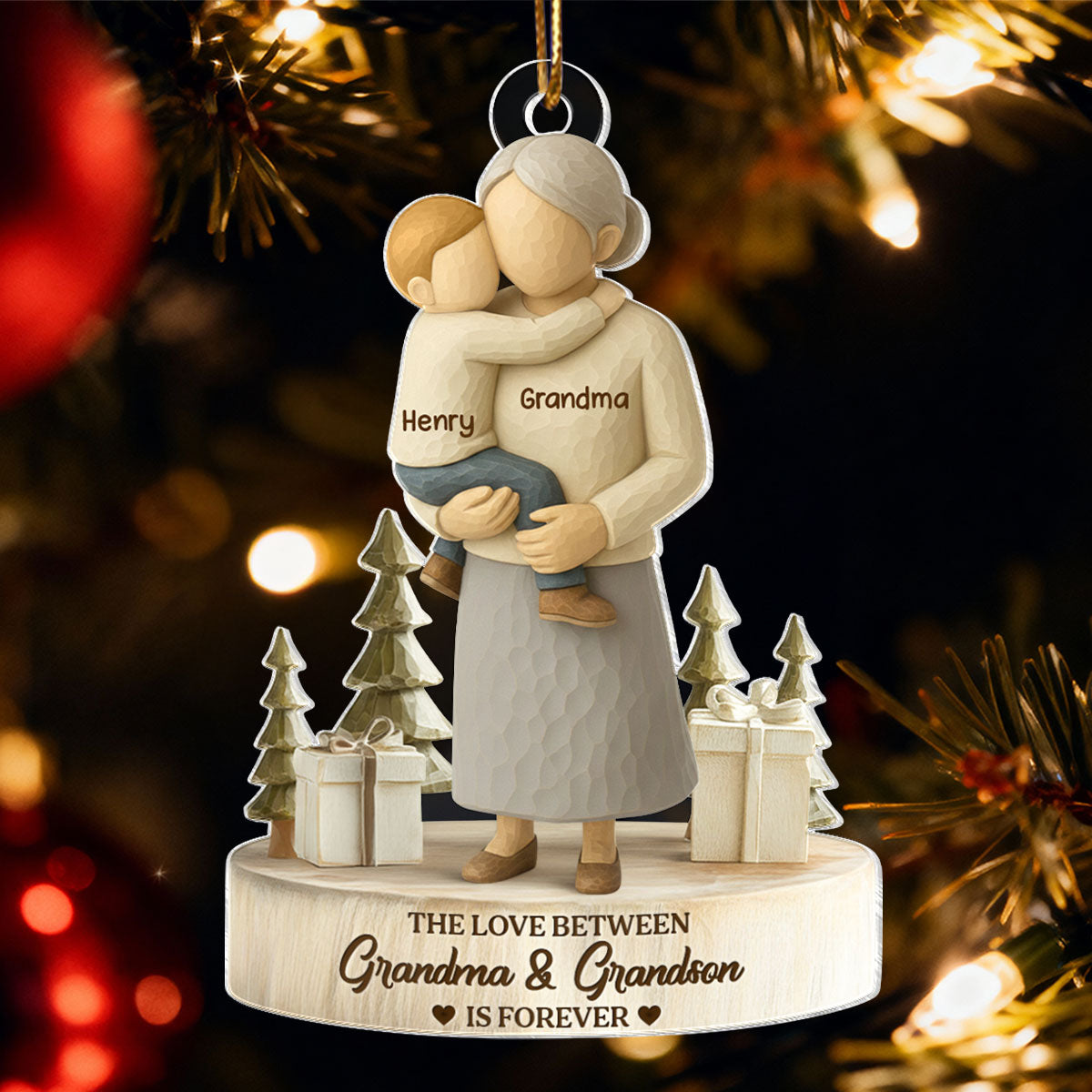 The Love Between Grandma and Grandson, Granddaughter is Forever - Personalized Acrylic Ornament - Heartwarming Christmas Gift for Grandma