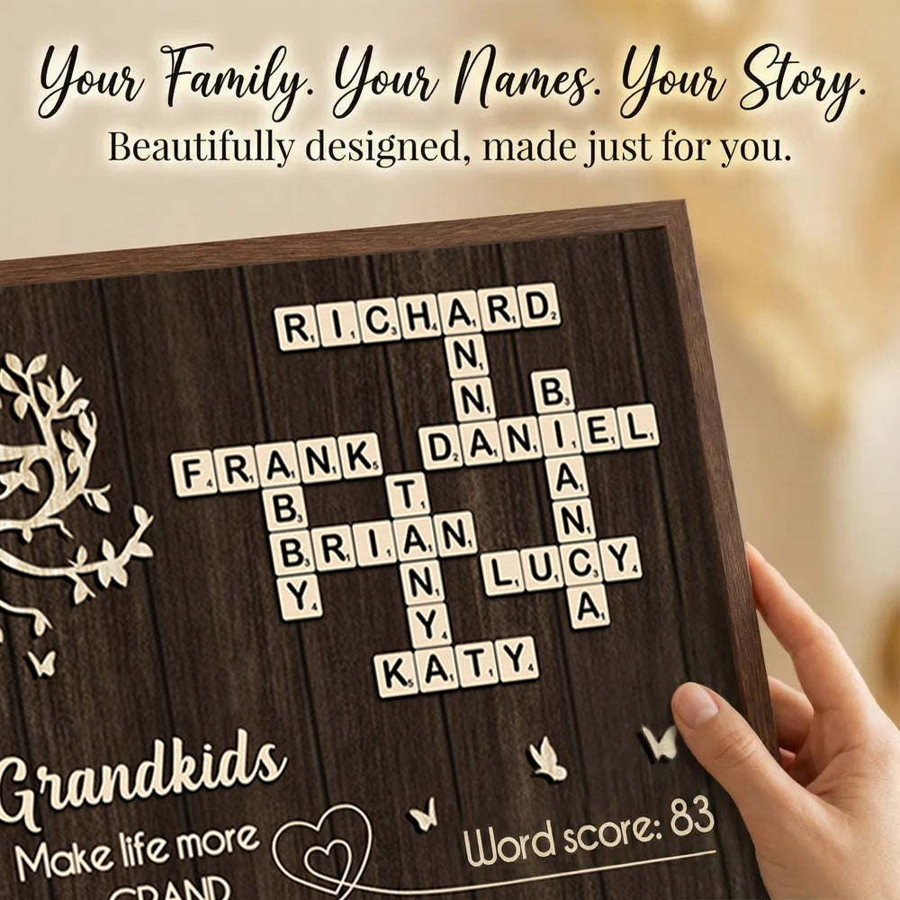 Grandkids Make Life More Grand Crossword Wall Art - Personalized Poster - Sentimental Gift for Grandma